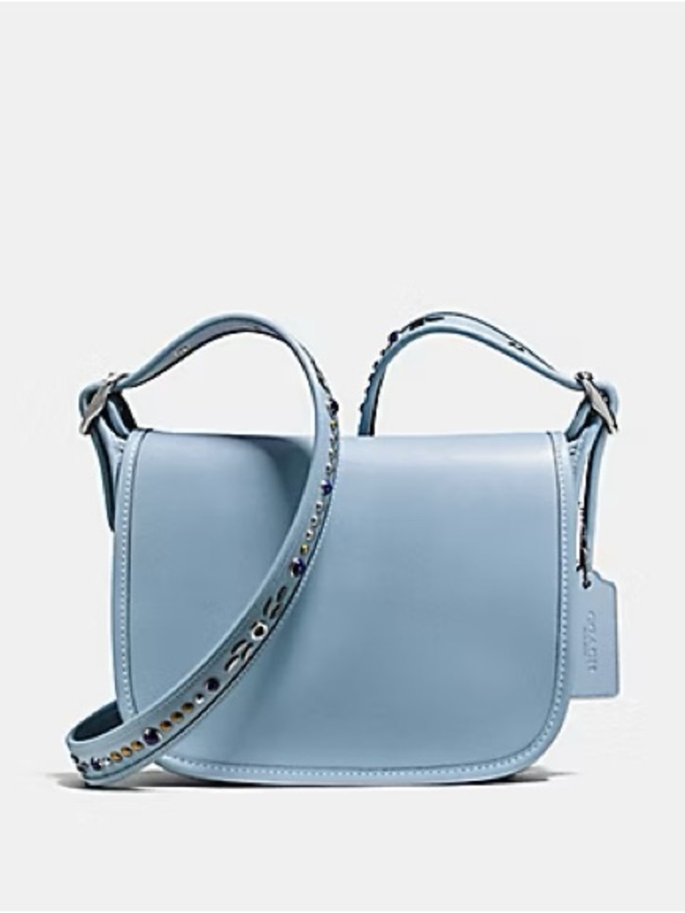 Coach Smooth Leather Saddle Bag in Sky Blue with Jeweled Strap